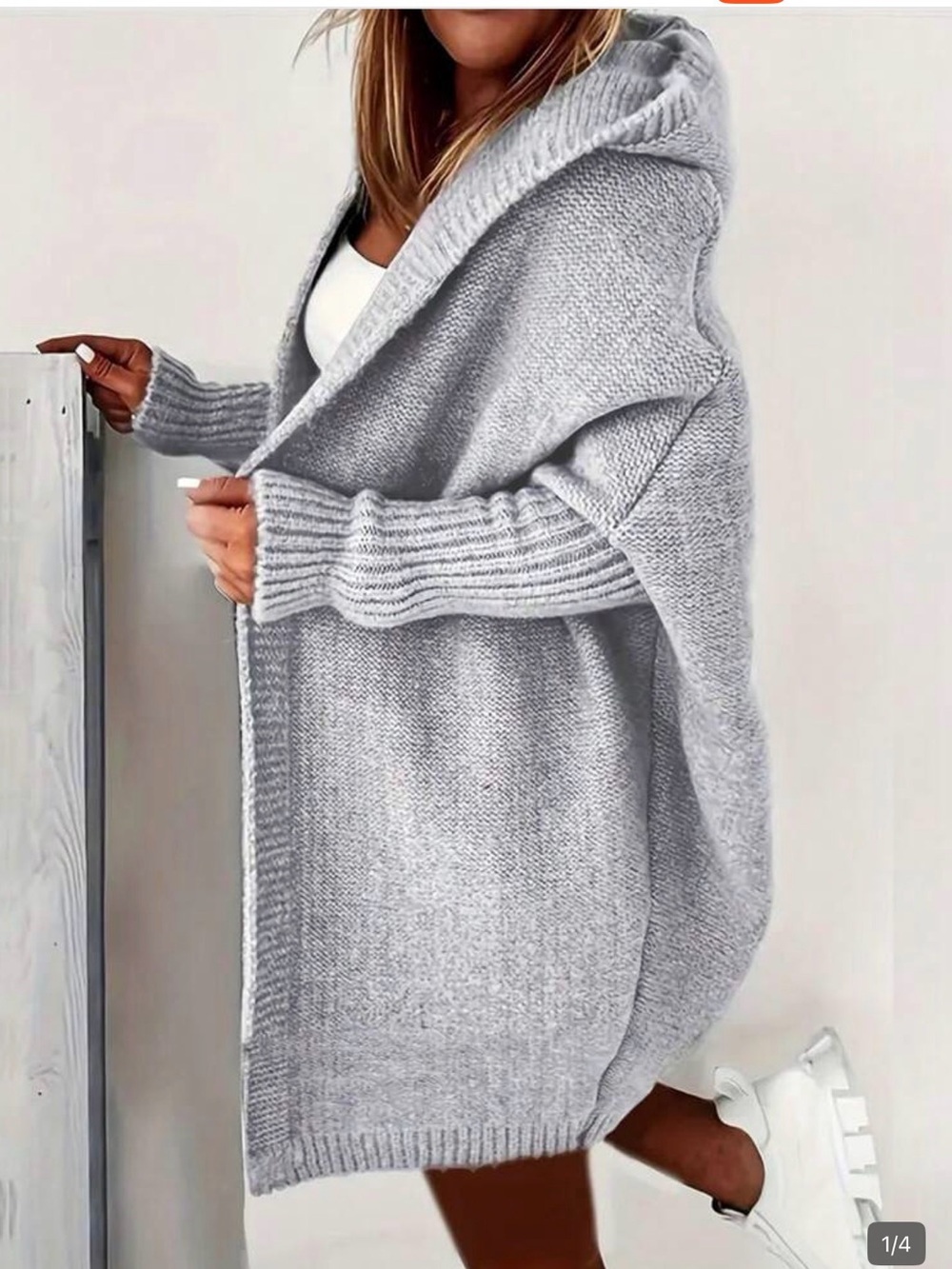 SHEIN Light Gray Hooded Open-Front Knit Cardigan